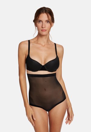 Body shaper nero trasparente a vita alta che presenta un design liscio con una cintura morbida e bordi senza cuciture per un fitting confortevole.