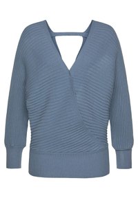 Pull en maille bleu avec col en V, texture côtelée, design croisé à l'avant et manches longues. Comprend un détail découpé à l'arrière.