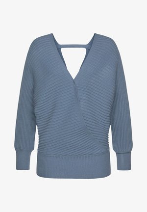 Sininen neulottu villapaita V-kauluksella, resoripintaisella tekstuurilla, edessä ristiin menevällä mallilla ja pitkillä hihoilla. Takana on leikkausdetailli.