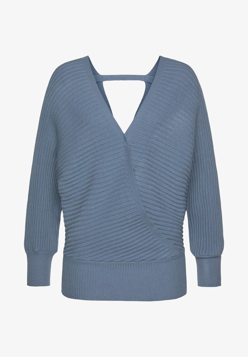 Pull en maille bleu avec col en V, texture côtelée, design croisé à l'avant et manches longues. Comprend un détail découpé à l'arrière.