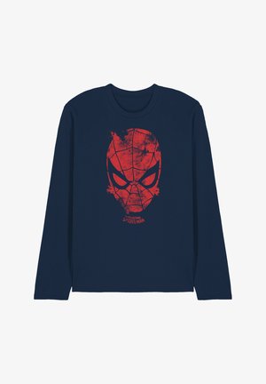 Long-sleeve navy T-shirt with a red graphic of Spider-Man's face, featuring a web pattern and bold black eyes. Text "The Amazing Spider-Man" beneath.