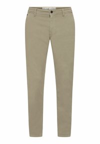 Beige slim-fit trousers made of cotton, featuring five pockets, a front button closure, and subtle stitching details.