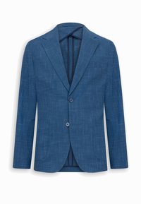 Blazer da uomo blu con trama, revers a lancia, due bottoni, tasche frontali e taglio leggermente sagomato.