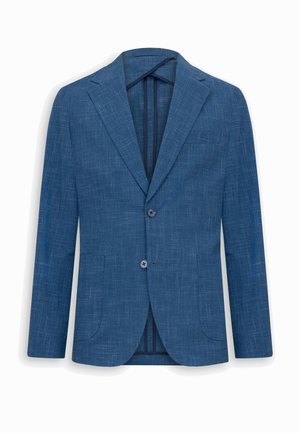 Modrý texturovaný pánský blazer s výstřihem s výřezy, dvěma knoflíky, předními kapsami a lehce přiléhavým střihem.