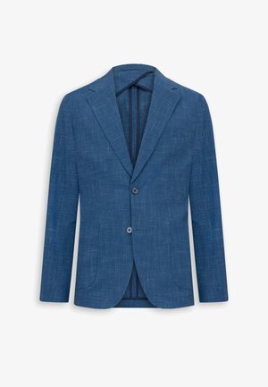 Modrý texturovaný pánský blazer s výstřihem s výřezy, dvěma knoflíky, předními kapsami a lehce přiléhavým střihem.