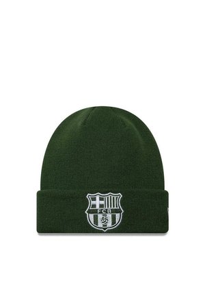 Dark green knit beanie with a folded brim featuring a black and white FC Barcelona football club logo patch on the front.