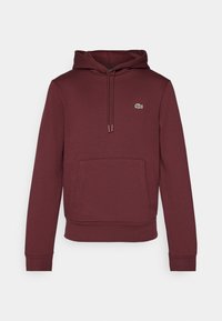 Bordeauxroter Kapuzenpullover aus Baumwollmischung mit Fronttasche, Kordelzugkapuze, Rippbündchen und grünem Logoakzent auf der Brust.