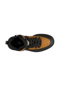Scarpa da trekking marrone e nera realizzata in materiali scamosciati e sintetici. Presenta passanti metallici, lacci neri e una suola con motivo. Vista dall'alto.