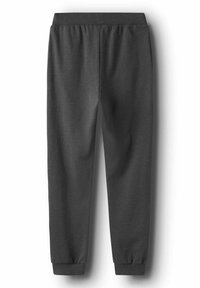 Dunkelgraue Sweatpants mit elastischem Bund, schmal zulaufenden Beinen und gerippten Säumen. Weicher Stoff ohne Muster oder Hardware-Details.