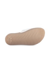 White sandal with a flexible rubber sole featuring wave patterns, moderate thickness, and "Gabor" branding embossed near the heel.
