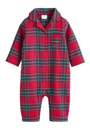 Rød ternet pyjamasdragt med grønne og hvide striber, lange ærmer, krave, knaplukning og en forlomme. Blød stofstruktur.
