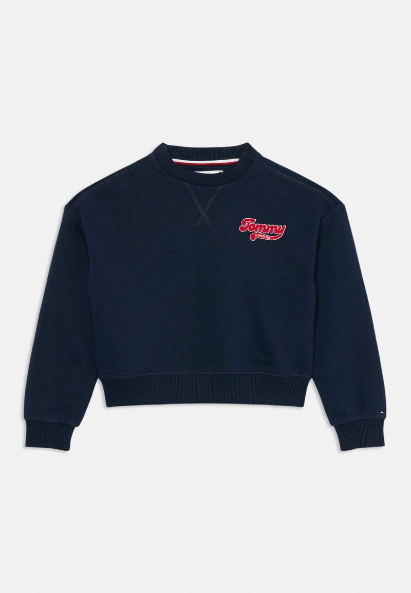 Marineblå avkortet sweatshirt laget av bomullsblanding med rund hals, ribbestrikkede mansjetter og brodert "Tommy"-logo i rødt.