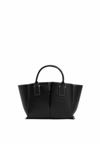 Borsa tote in pelle nera con un design strutturato, manici superiori e cuciture a contrasto. Presenta un logo impresso nella parte inferiore.