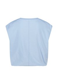 Top senza maniche azzurro chiaro con spalle larghe e cucitura centrale visibile sul retro, adagiato su uno sfondo bianco.