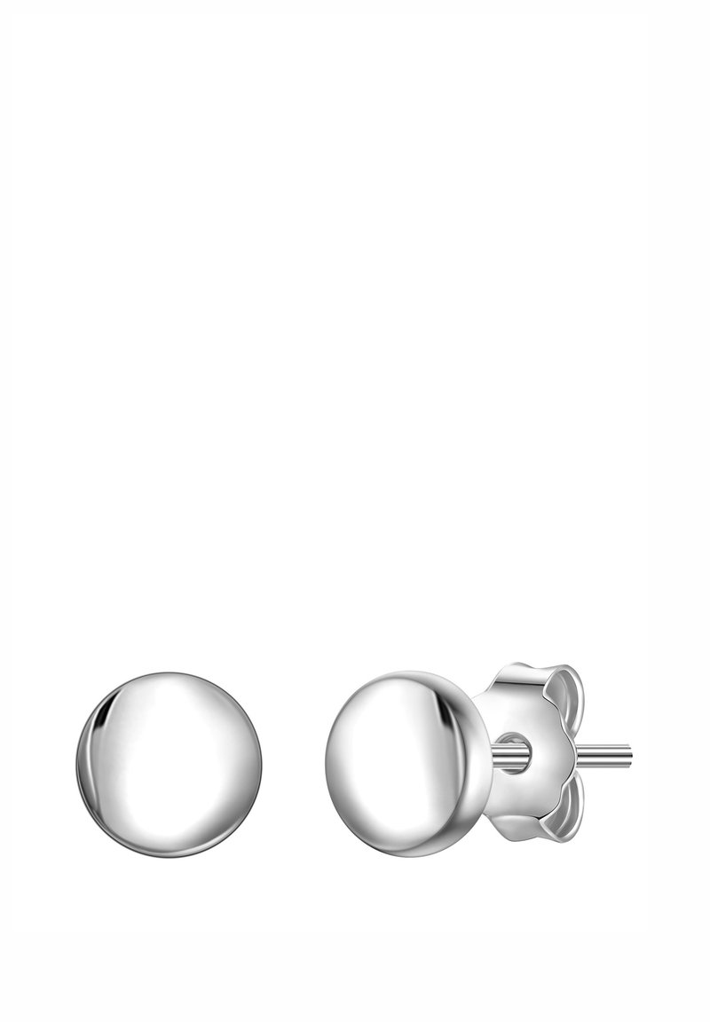 Strieborné kovové náušnice s hladkým, okrúhlym dizajnom. Majú leštený povrch a bezpečné zapínanie na kolík. Minimalistický štýl.