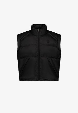 Schwarze ärmellose Steppweste mit hohem Kragen, vorne mit Reißverschluss, zwei Seitentaschen und dezentem Logo auf der linken Brust.