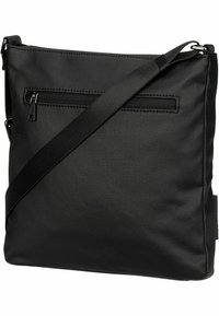 Borsa a tracolla nera realizzata in tessuto resistente, dotata di una tasca frontale con zip, tracolla regolabile e un design elegante e rettangolare.