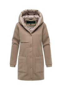 Trench-coat beige avec une capuche bouffante, doté d'une fermeture à boutons, de deux grandes poches avant et d'une texture lisse. L'intérieur présente une doublure contrastante.
