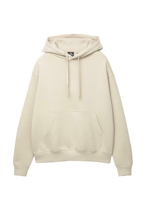 Beige XXL-Hoodie mit einer Vordertasche, Kapuze mit Kordelzug und gerippten Bündchen und Saum. Hergestellt aus weichem Baumwollmischgewebe.