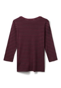 Bordowy długi rękaw bluzka z czarnymi poziomymi paskami. Okrągły dekolt i lekko luźny fason. Miękka tkanina o gładkiej teksturze.