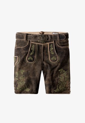 Shorts en cuir marron ornés de broderies florales vertes, de coutures contrastantes et d'une ceinture décorative avec une boucle détaillée.