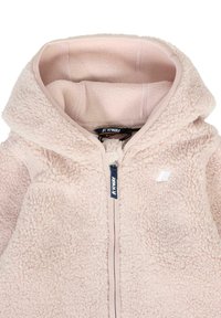 Veste à capuche en polaire rose doux avec fermeture éclair avant et logo K-Way sur la poitrine, conçue pour les bébés de 12 mois.