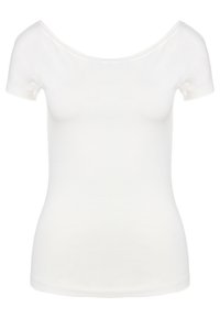 Biała bluzka z krótkim rękawem i szerokim dekoltem. Wykonana z gładkiego, elastycznego materiału. Dopasowany krój, z minimalną ilością szwów i bez ozdób.