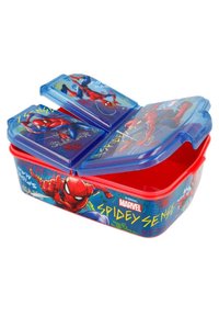Plastikbrotdose mit leuchtend rotem Boden und hellblauem Deckel. Mit Spider-Man-Grafiken in verschiedenen Posen und buntem Text. Zwei Verriegelungsclips.