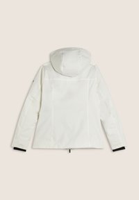 Giubbotto bianco con cappuccio, caratterizzato da una texture liscia e chiusura con zip. Presenta accenti neri sui polsini e un design pulito e minimalista.