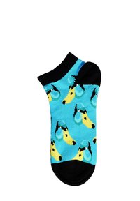 Blaue und schwarze Knöchelsocke mit einem sich wiederholenden Muster von Cartoon-Dachshunden in Gelb und Türkis, mit schwarzen Akzenten an Ferse und Zehen.