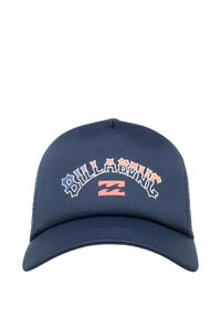 Marinblå baseballkeps i polyester med böjd skärm och grafisk textdesign i orange och vitt, försedd med varumärket "Billabong."