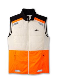 Gilet sans manches rembourré en blanc et orange vif, avec des accents noirs. Présente des détails réfléchissants et une fermeture éclair sur le devant.