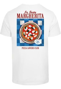 White t-shirt featuring a large graphic of a Margherita pizza on a blue and white checkered background. Text reads "La Santa Margherita" and "Pizza Lovers Club."