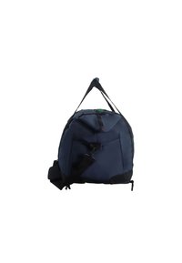 Borsone blu navy dalla forma arrotondata, realizzato in tessuto resistente, con un manico superiore unico, spallaccio regolabile e chiusura con cerniera.