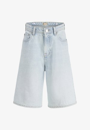 Modri jeans kratke hlače s sproščenim krojem, z elastiko v pasu, zadrgo, petimi žepi in značilnim bledenjem na tkanini.