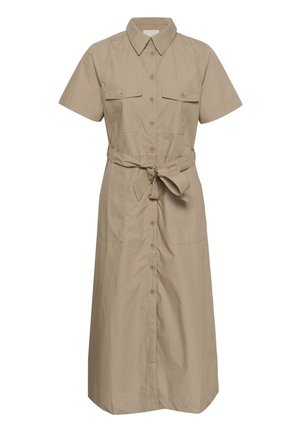 Beiges Midikleid mit kurzen Ärmeln, Knopfleiste vorne, Kragen, zwei Brusttaschen und einem gebundenen Taillengürtel.