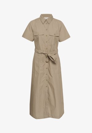 Béžové midi šaty s krátkým rukávem na knoflíky, s límečkem, dvěma náprsními kapsami a zavazovacím páskem v pase.