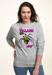 Felpa grigia con una vivace stampa grafica che presenta un design di ragno, accentuato in verde neon e rosa, con polsini e orlo a costine.