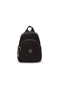 Zaino nero con tessuto testurizzato, molteplici scomparti con zip, motivo geometrico sottile e un logo circolare sulla parte frontale.