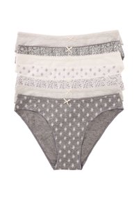 Set van vijf katoenen damesslips in grijstinten en wit, met verschillende patronen, kantafwerkingen en decoratieve strikjes op de tailleband.