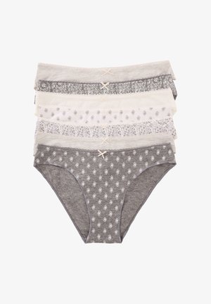 Set of five women's cotton briefs in shades of gray and white, featuring various patterns, lace trims, and decorative bows on the waistband.