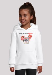 Weißer Hoodie mit Kängurutasche, der eine Grafik einer Vintage Kellogg's Corn Flakes Schachtel und Kindern zeigt. Der Text lautet: "Mama!... Hast du Kellogg's gesagt?"