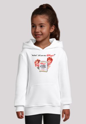 White hoodie with kangaroo pocket, featuring a graphic of a vintage Kellogg's Corn Flakes box and children. Text reads, "Mother! ...did you say Kellogg's?"