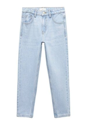 Jean denim bleu clair taille haute, coupe droite, avec poches avant et fermeture par bouton.
