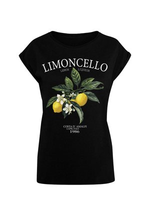 Melna T-krekls ar grafisku dizainu ar citroniem un ziediem, virs kura ir uzraksts “Limoncello”, bet zemāk "Costa d’Amalfi, Capri, 1986".