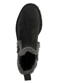 Schwarze Wildleder-Stiefelette mit grauem Fleece-Futter und strukturiertem Gummisohle. Verfügt über eine Zugschlaufe für einfaches Anziehen.