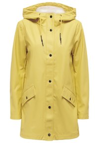 Gul vandtæt regnjakke med hætte, som har sorte snapknapper, to sidelommer og justerbare snortræk. Glat tekstur.