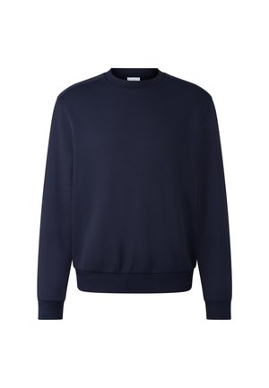 Sweat-shirt bleu marine à manches longues, col rond, avec des poignets et un ourlet côtelés, fabriqué en tissu lisse avec une silhouette simple et épurée.