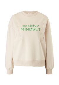 Sweatshirt beige avec texte brodé vert « positive MINDSET », col rond, épaules tombantes, et poignets et ourlet c ôtelés.