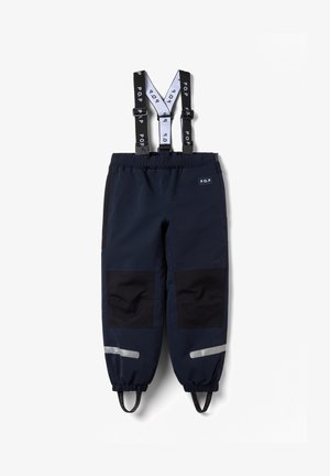 Marinewaterdichte broek met zwarte patches, verstelbare bretels, reflecterende strips en elastische boorden. Voorzien van een logo-label aan de voorkant.